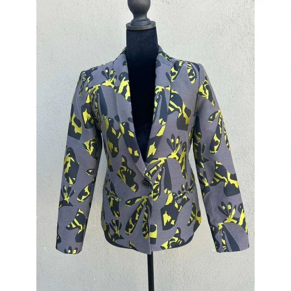 Banana Republic Womens Gray Neon Yellow Abstract Floral Blazer Jacket Size 2